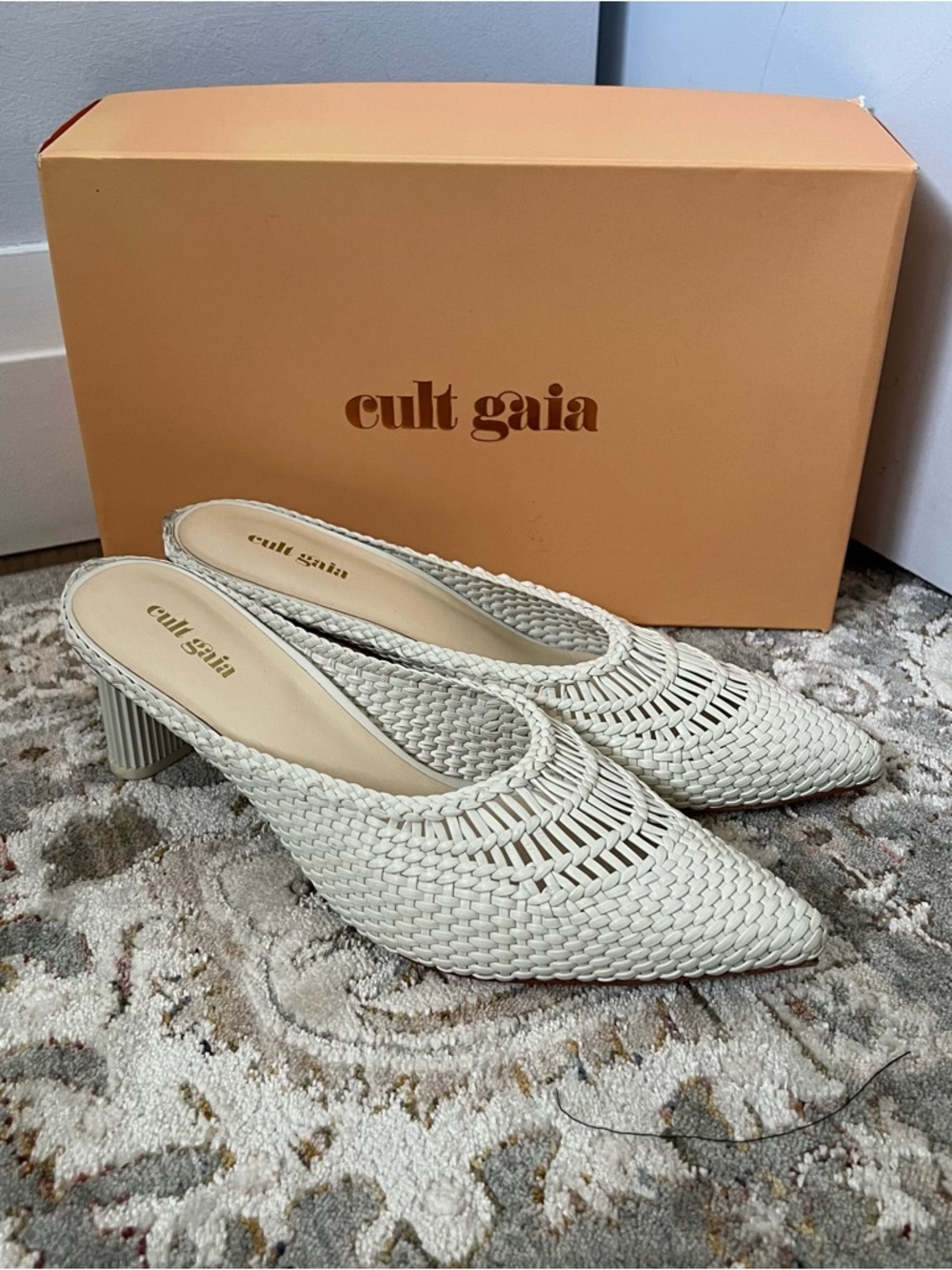 cult gaia Ivory Woven Pointed Mule Heels